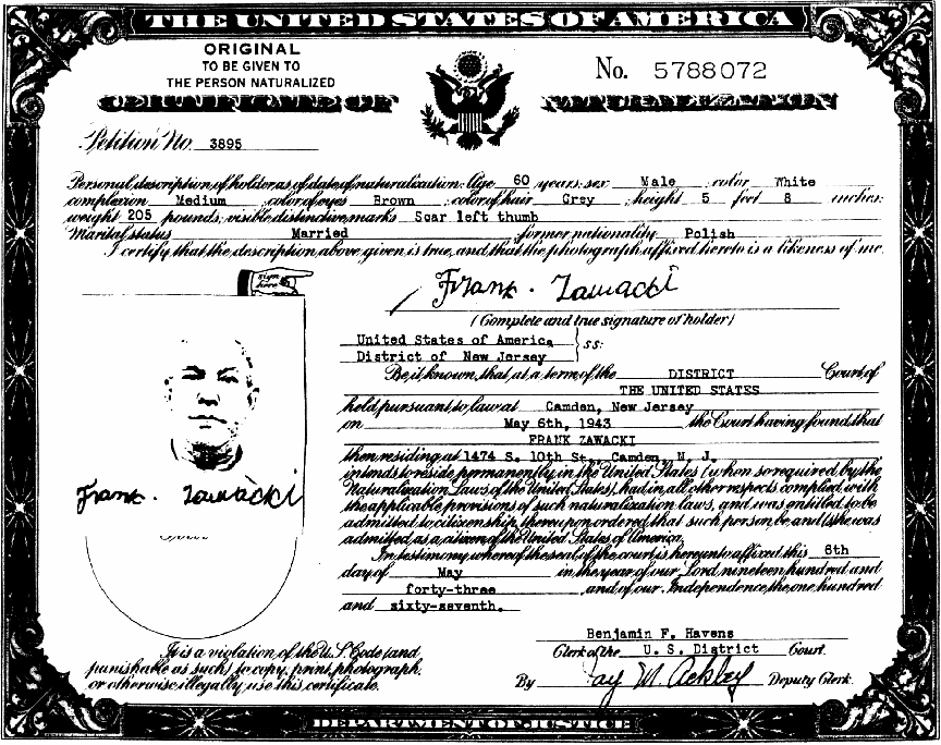 Frank Zawacki
 (Zawadzki) Naturalization